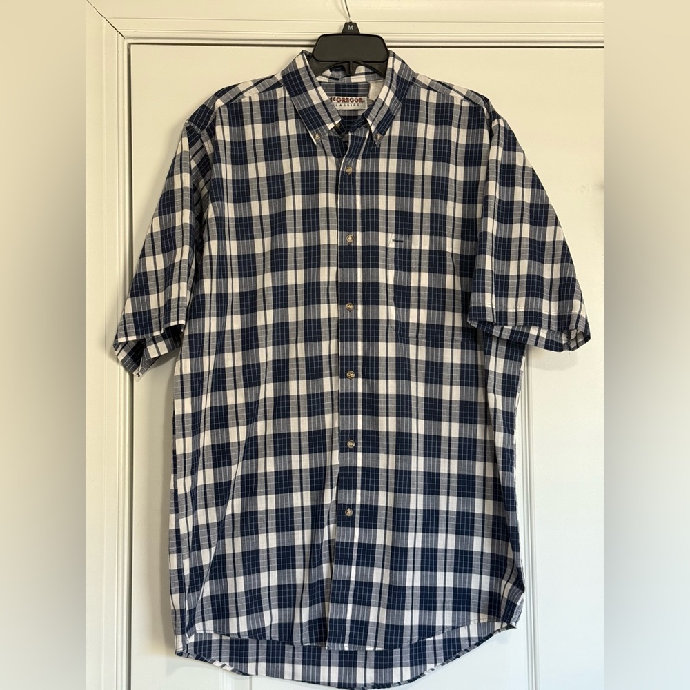 McGregor Large Tall Vintage Blue and White Plaid Button-Down Shirt 80s 90s